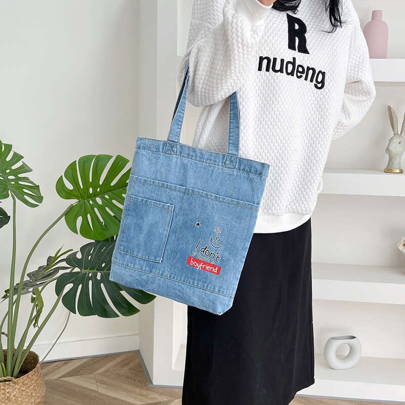 Cowboy shoulder casual and minimalist Korean version women, tote for girls, canvas, student portable tutoring bag