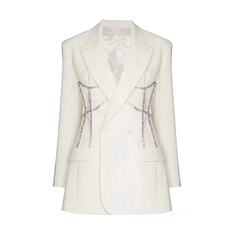 Autumn light luxury rhinestone decorated jacket for women, mid to long style, fashionable waist cinched small suit skirt 98192024