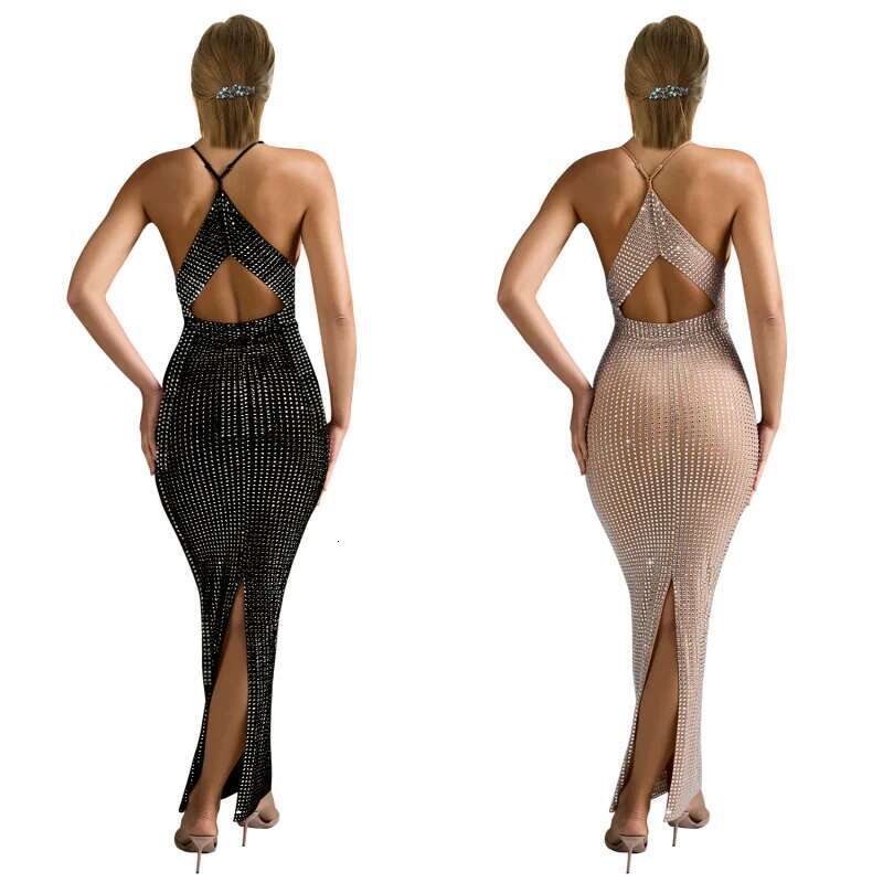 Dongdumaoyi Mode Dameskleding V Kraag Mouwloze Maxi Jurk Met Strass C