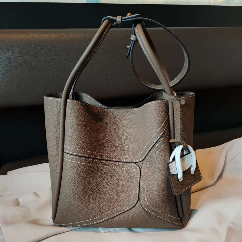 New Geometric Design Natural T Cow Leather Basket Tote Hit-Color Big Capacity Women's Handbag Armpit Shoulder Purse