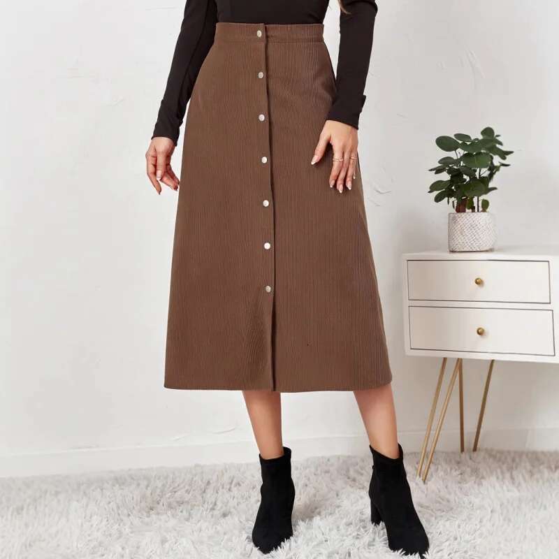 Dongdumaoyi Premium Corduroy Midi Rok Voor Dames Enkele Rij Knopen Hoge Taille Herfst Winter Lange A