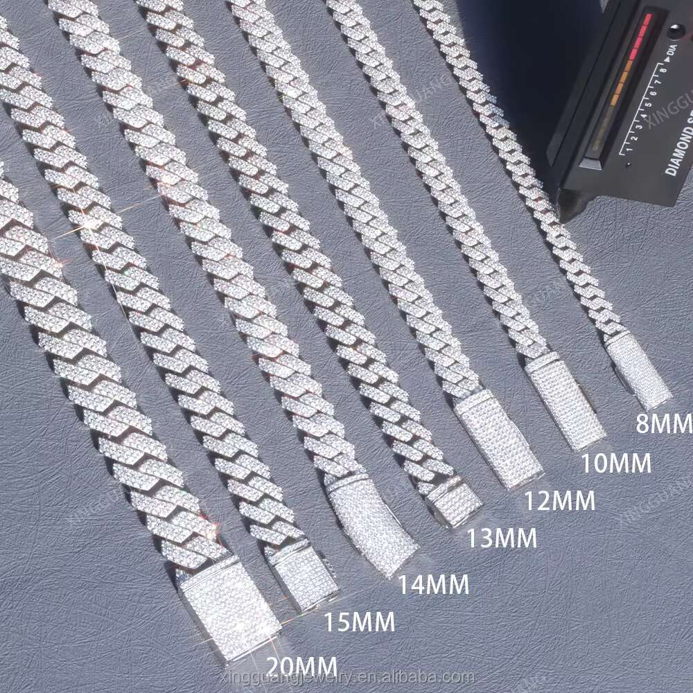 Hot Popular VVS Moissanite Cuban Link Chain for Men 2rows 8mm-15mm Wide 925 Sterling Silver Cuban Chain Hip Hop Necklace