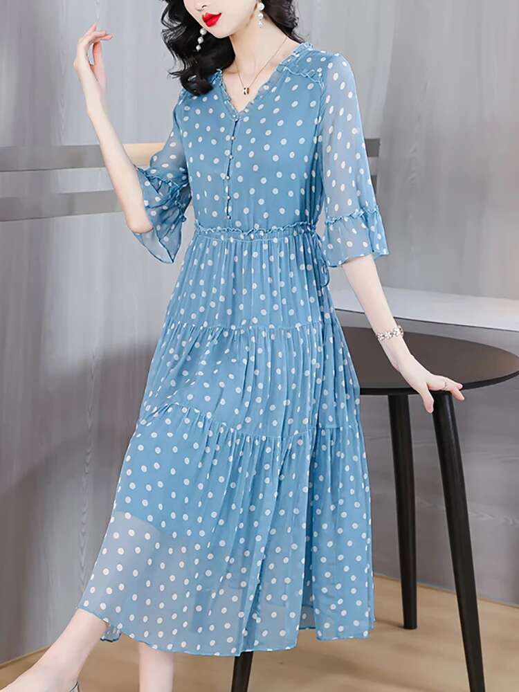 Blue Elegant Ploka Dot Flare Sleeve Ruffled Women Fashion Bodycon Casual Home Dress 2024 Korean Chic Evening Vestidos
