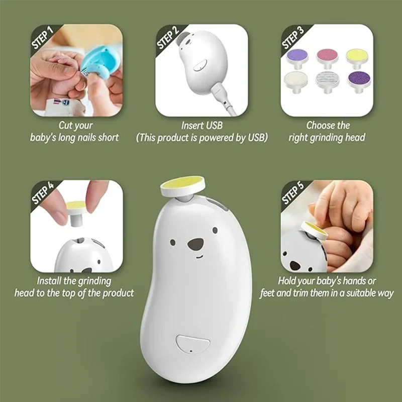 Baby Nail Trimmer Electric Rechargeable Clippers 6 in 1 Low Noise Safe Care Ergonomic Grip Toddler Toes Fingernails Polish Trim 250326