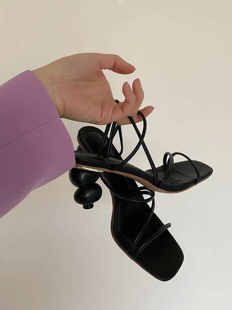 Ball Shape Square Toe Slim Straps Sgback Sandals Hollow Slip-On High Heels Women's Summer Footwear