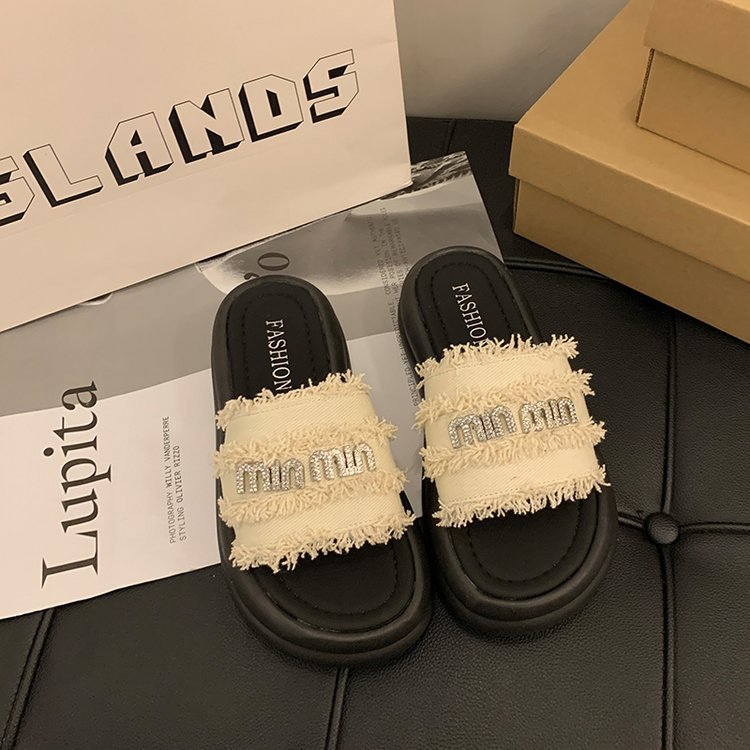 Silver button letter cloth flip-flops women 2024 new summer wear beach half-drag step on poo feeling thick sole flip-flops