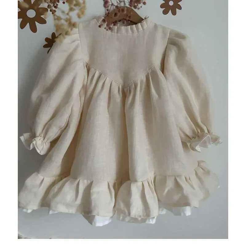 Spring Toddler Large A-line Girl Dress Linen Dress Girl Puff Sleeve Princess Childrens Clothing Patch Dress 2-7Y W250326