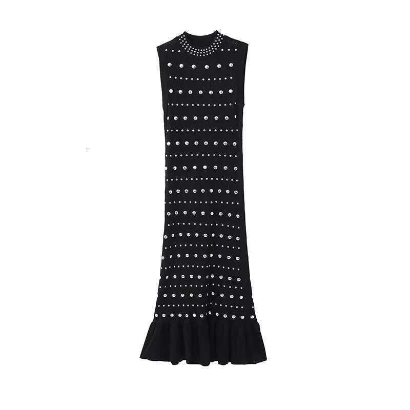 European And American Design Knitted Dress Women'S Spring/Summer Round Neck Hot Bead Unique Slimming Long Style