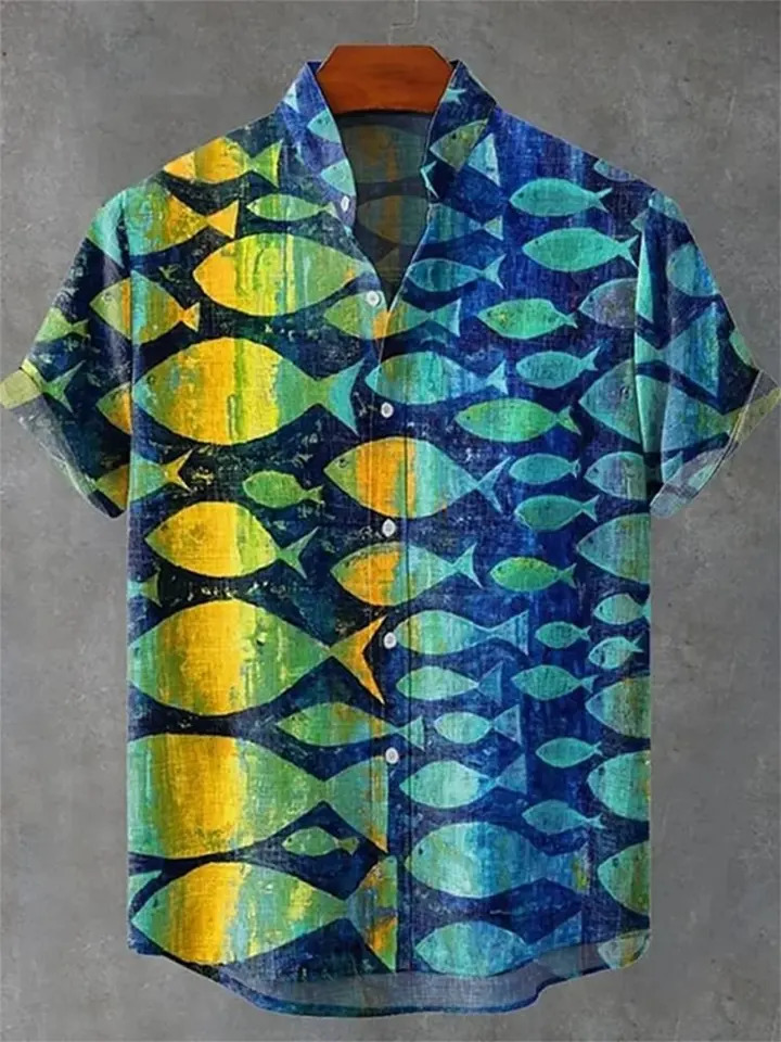 2025 mens retro style fish pattern print mens casual linen comfortable fabric short sleeved shirt button top 250325