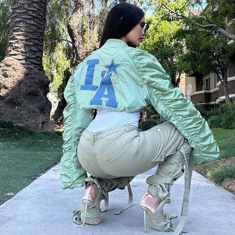 Cropped Fashion Jacket Women Crop Tops Y2K Streetwear Racer Baseball Jackets Letter Pleated Coats 2024 Fall Winter Clothes