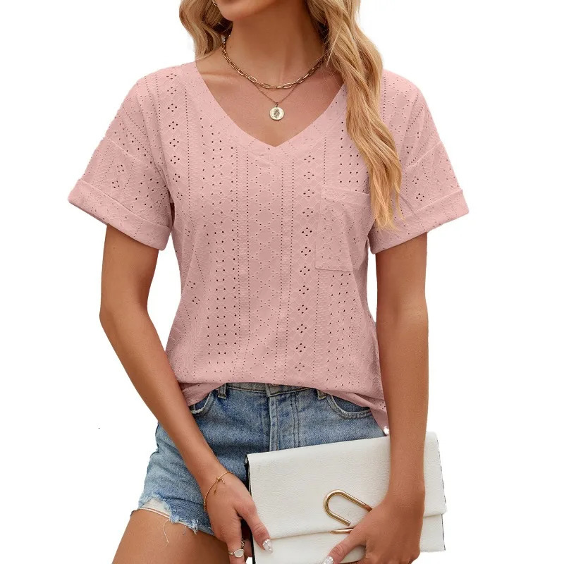 Womens summer fashion hollow pocket basic T-shirt street clothing casual V-neck short sleeved solid loose chic top Ropa De Mujer 250321