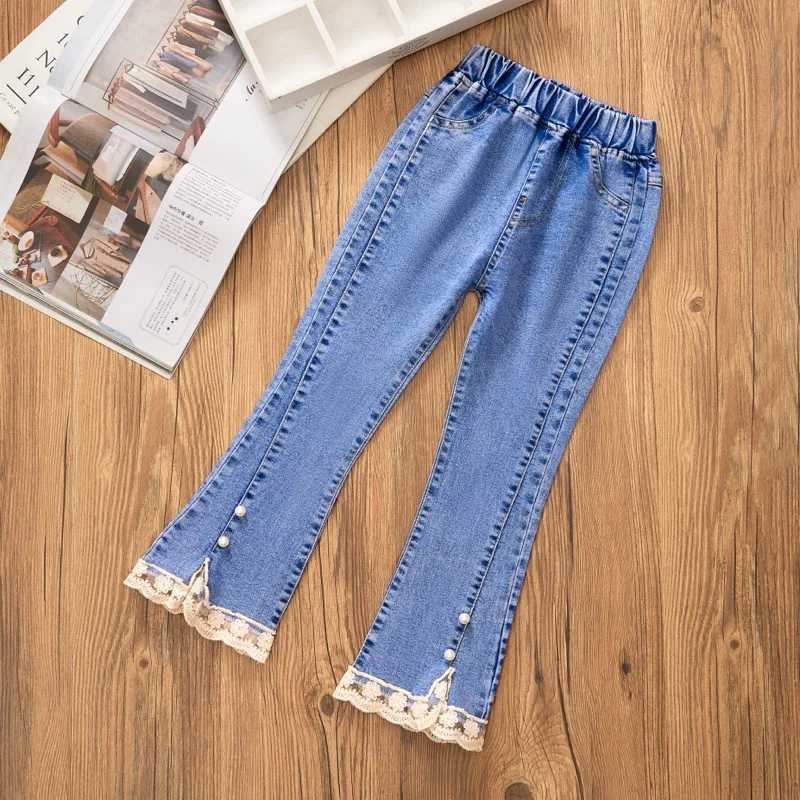 4-12Y autumn childrens jeans lace heart-shaped denim pants girls elastic waist solid pants casual boot cutT250326