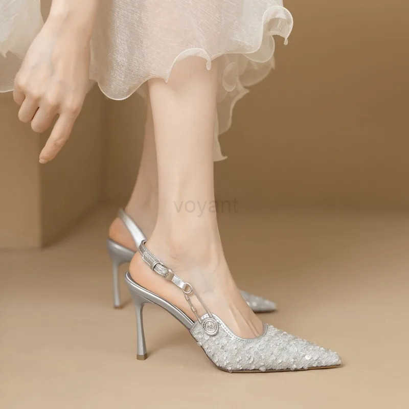 Pointed-toe Stiletto H Wens Sequins Cloth Spring and Summer New Straight Buckle Banquet Shoes Single Shoes Z250326
