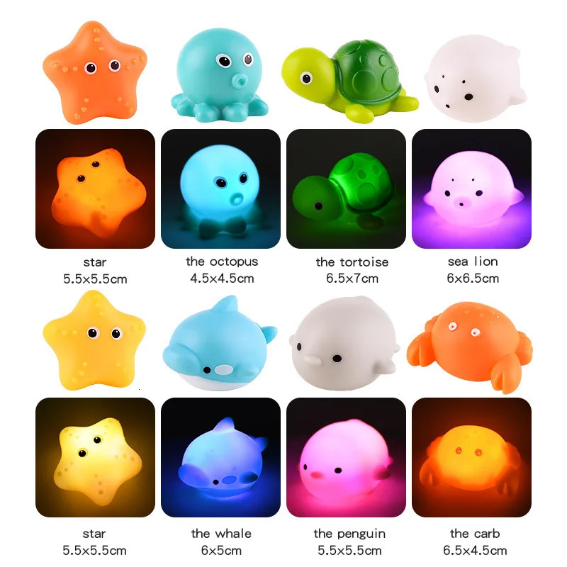 Baby Cute Animals Bath Toy Swimming Water LED Light Up Toys Soft Rubber Float Induction Luminous Frogs for Kids Play Funny Gifts 250326