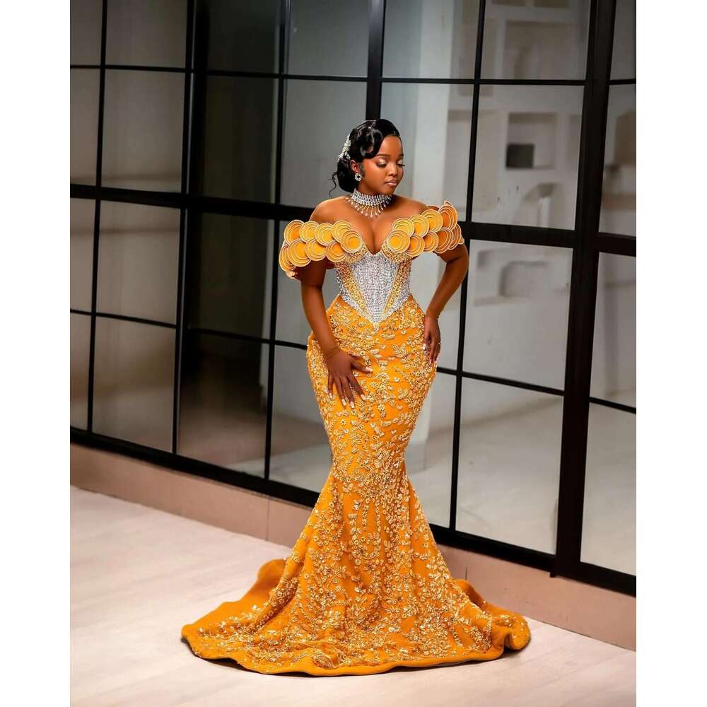 2024 Aso Ebi African Yellow Mermaid Prom Dresses Lace Rhies rals Evening Party Second Engagement Birthday Gowns Dress