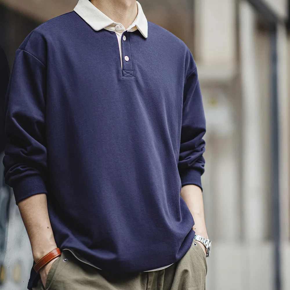 Madden American Retro Knitted Comparison Polo Shirt Academy Style Loose Collar Long Sleeve Tshirt Mens Spring Top 250326