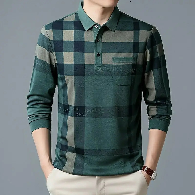 Mens striped plain retro polo shirt spring and autumn long sleeved business mens basic pocket casual loose top 250326