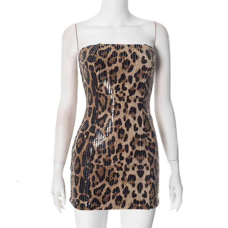 2025S Fashion Designer Y DS Women S Autumn Winter Strapless Leopard Print Sequin Backless Waist Cinching Set Head And Hip Hugging Short Dress