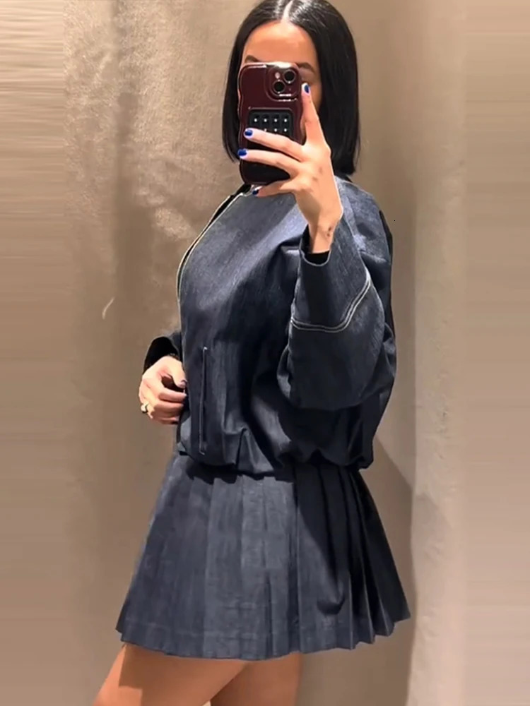 Elegant denim 2piece set for womens casual loose zipper jacket pleated mini leather 2025 fashion street solid 250318