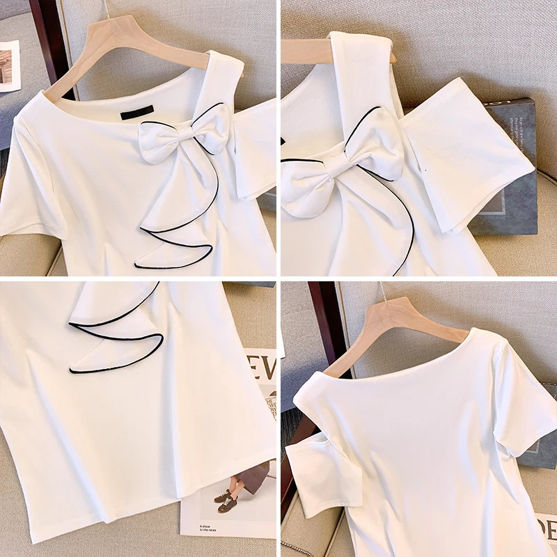 Summer Korean Style T-Shirt Women Chic Sexy Hollow Out Skew Collar Color Blocking Big Bow Tops Plus Size Short Sleeve Tees 250321