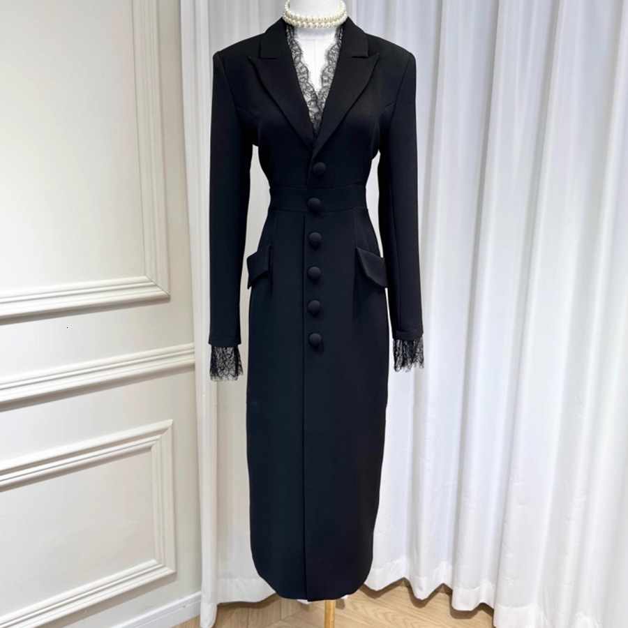British black high-end temperament women's lace V-neck lapel single breasted mid length slit suit skirt