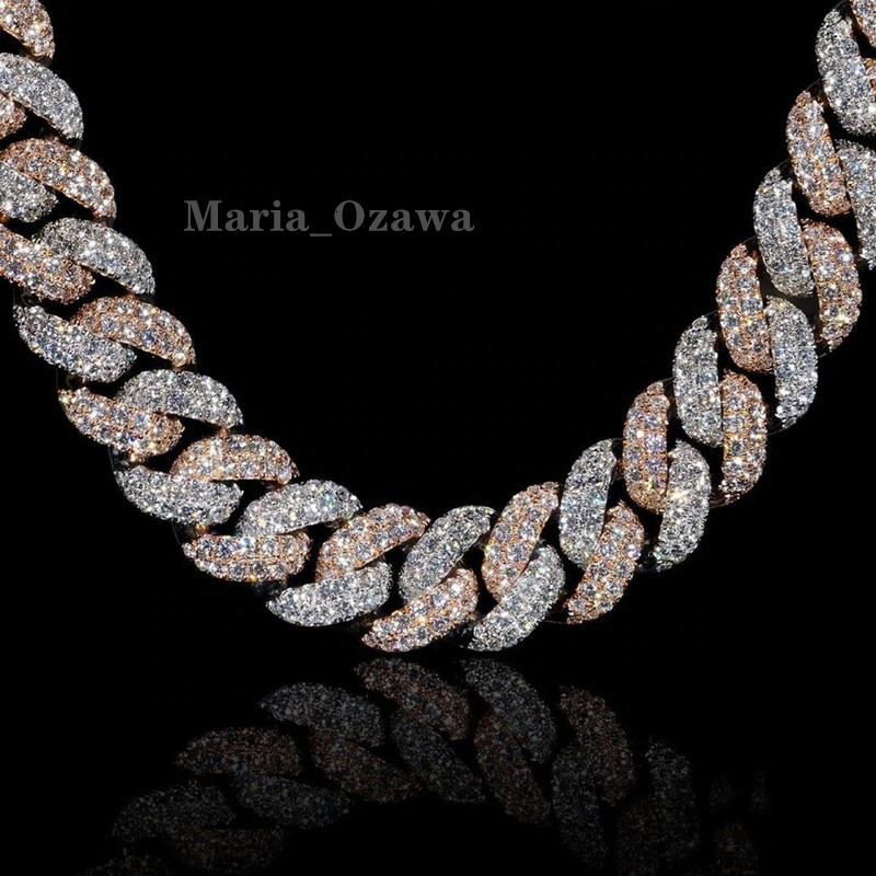 Sterling Silver 925 Two Tone Prong Set Miami Iced Out Vvs Moissanite Cuban Link Chain