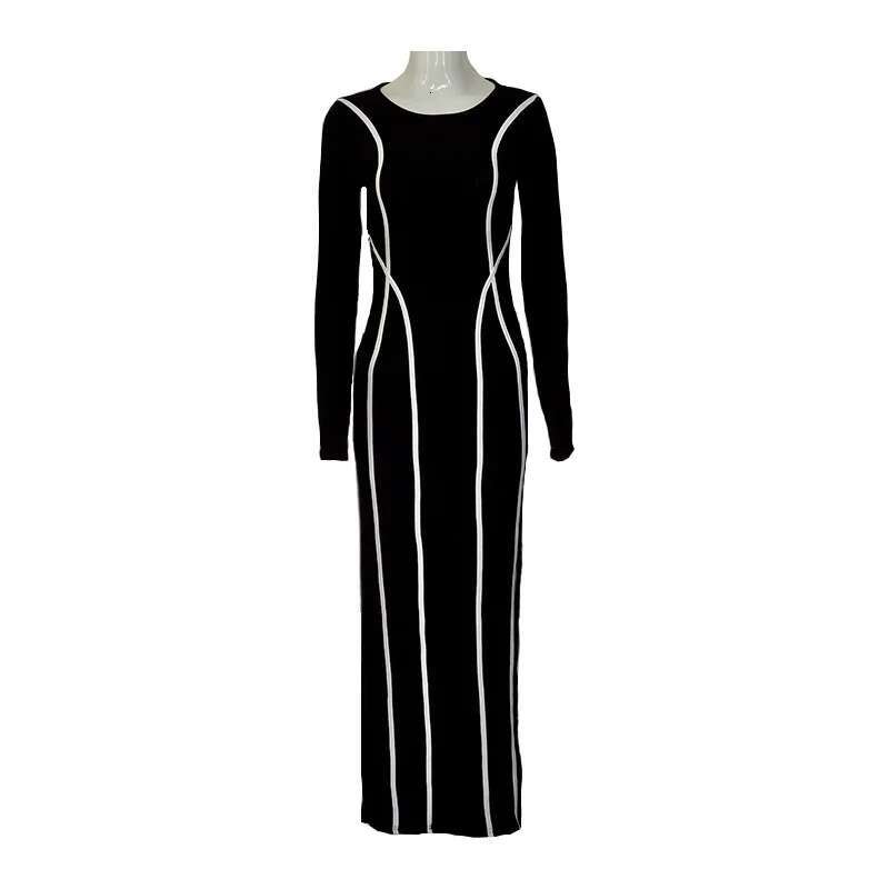 Dongdumaoyi Ronde Hals Gestreepte Kleurblok Slim Fit Jurk Voor Vrouwen High End Mid Lengte Bodycon Herfst C