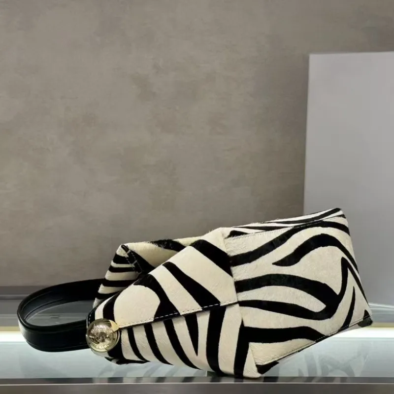 Chic Female Accessory: Rond Carre Design Zebra Stripe Leather Shoulder Bag Featuring Premium Horse Hair Detailing