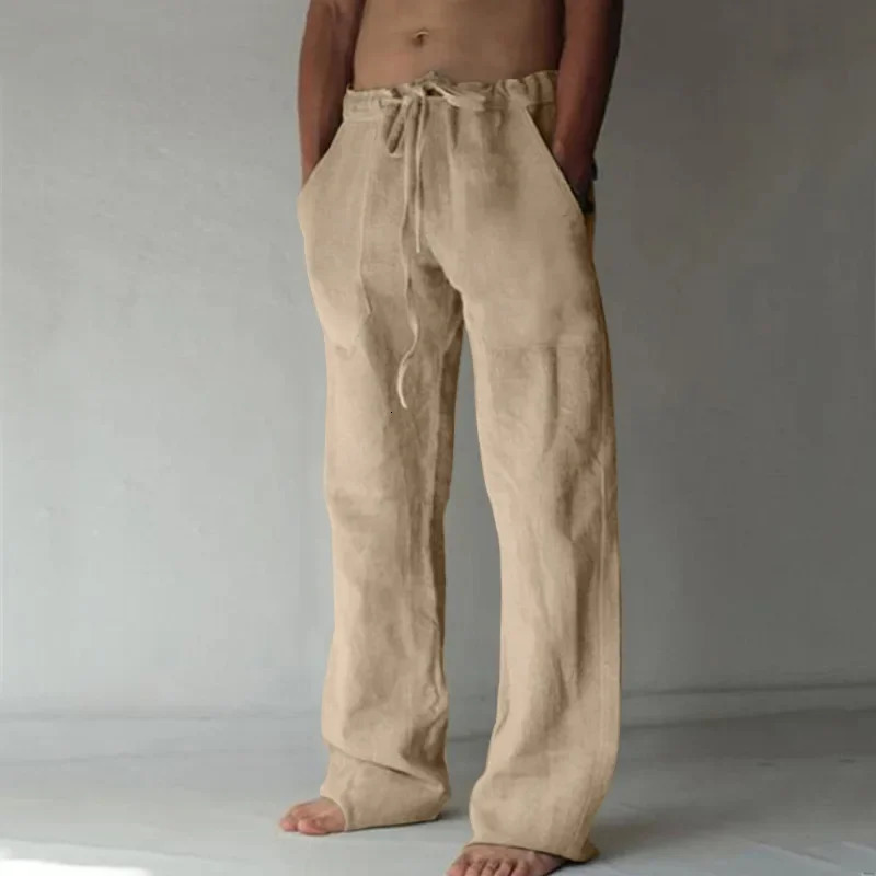 Summer Spring Mens Cotton Linen Pants Autumn Breathable Solid Color Trouser Fitness Street Wear S3XL 250326