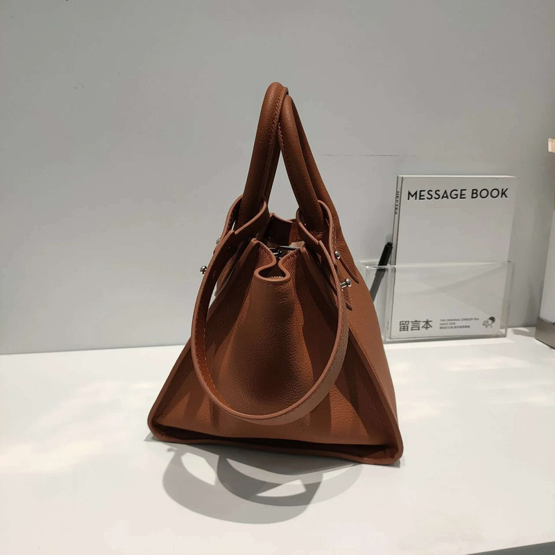 Leisure Thick Cow Leather Bucket Shopper Tote Trapeze Brand Designer Women Handbag Quality A+ Ladies Shoulder Bag Blue