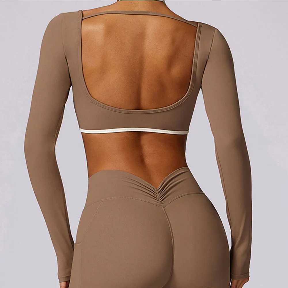 Sexy backless yoga long sleeved push up crop Top womens gym clothing Breathable yoga shirt Fitness training sports top W250326