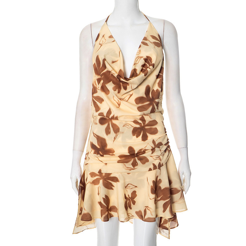 2025S Fashion Designer Y DS Women S Spring Summer New Match Color Sleeveless Swing Hanging Neck Sexy Printed Dress