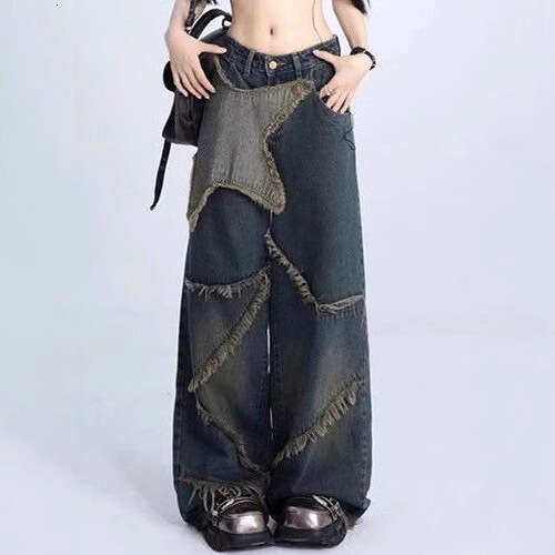 American Five Pointed Jeans For Women, Y2k High Waist Slimming Design, Star Fringed Straight Leg Pants With Floor Length