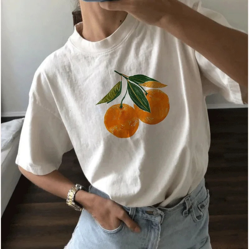 Korean T-shirt womens fig fruit graphic shirt retro TShirt graphic summer high-quality cotton Ropa unprinted good product 250321