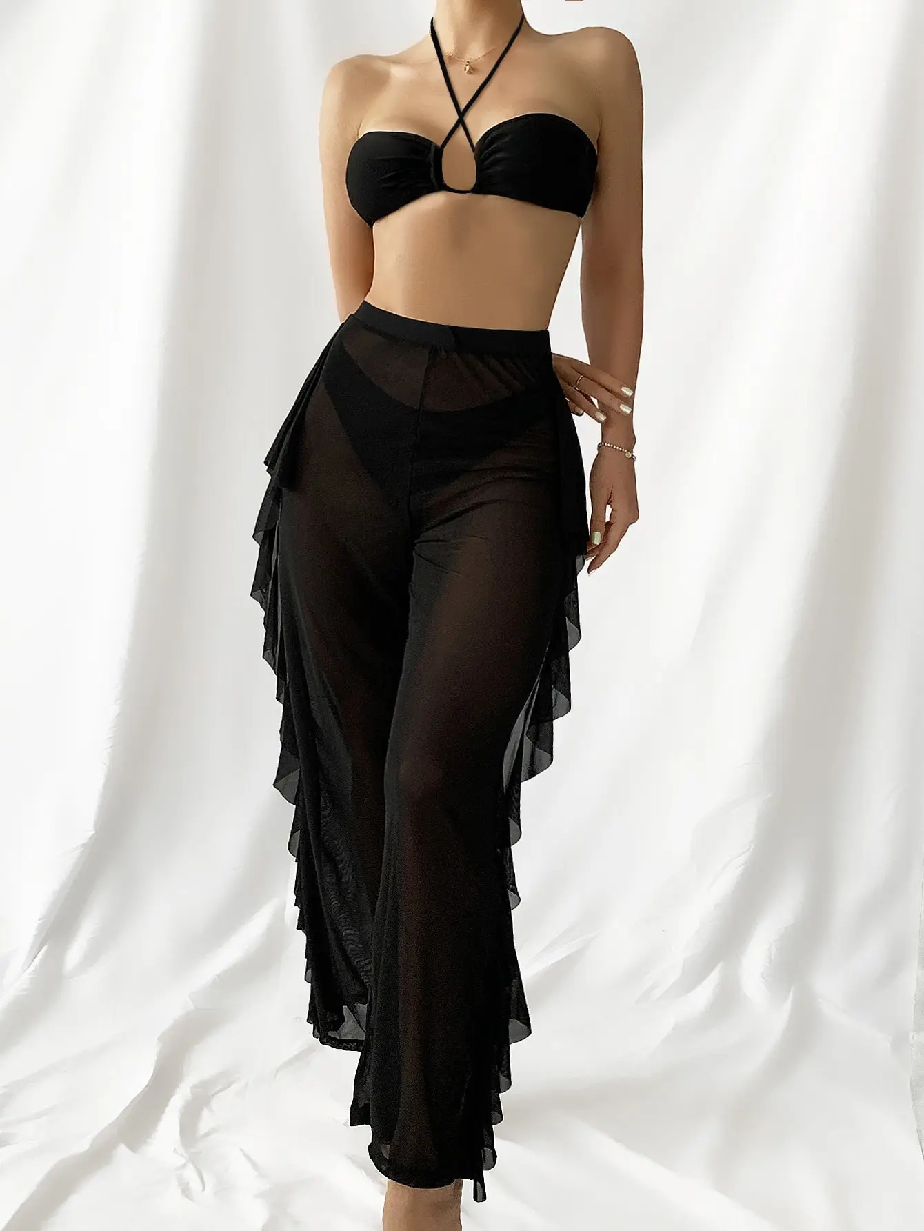 Plain Criss Cross Halter Bikini Set With Ruffle Pants Bandeau Swimsuit Women White Swimwear Female Bathing Suit Black 250324