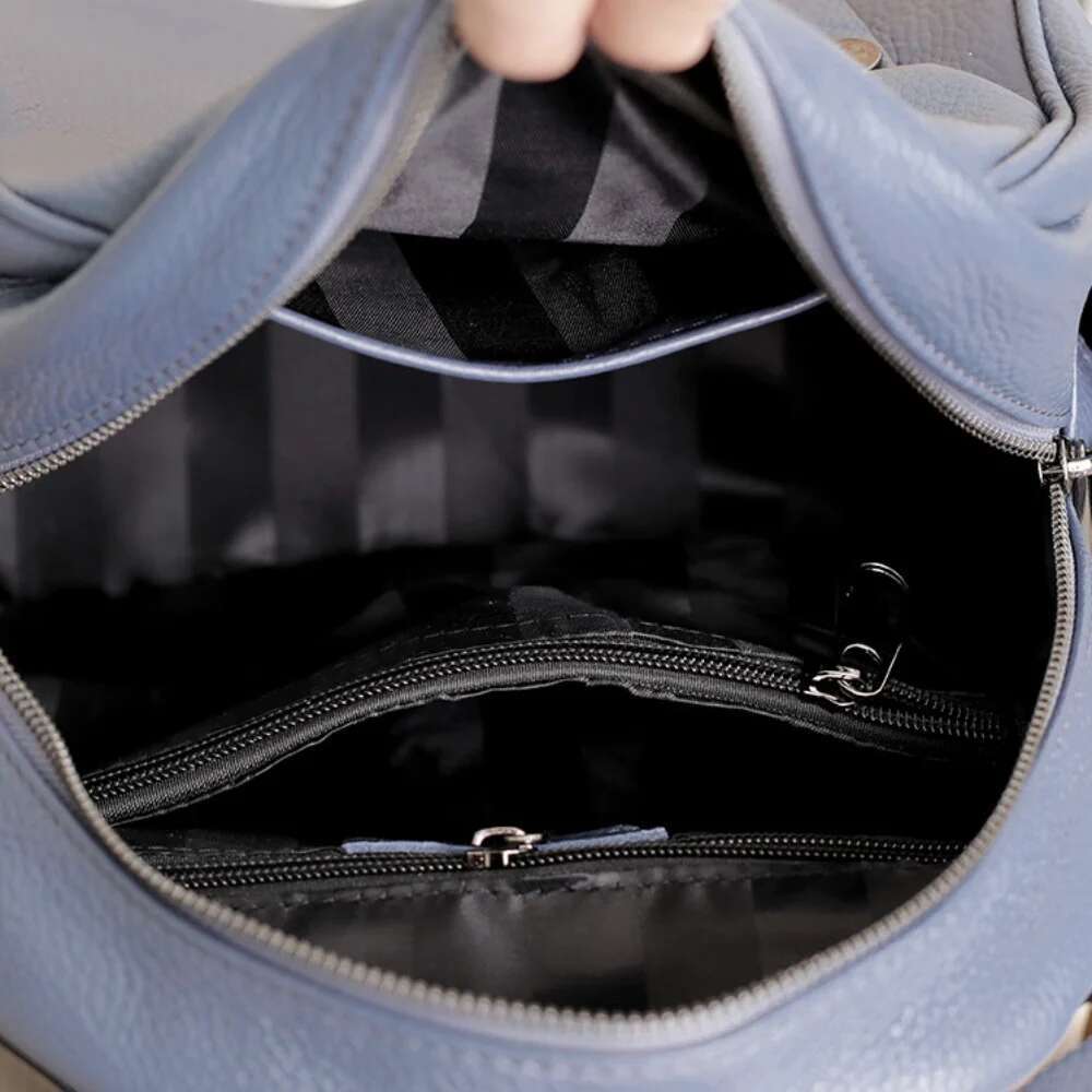 New Simple Blue 2 Size Portable Genuine Leather Fashion Teenage Girl Backpack High Quality Soft Cowskin Women Rucksack Knapsack