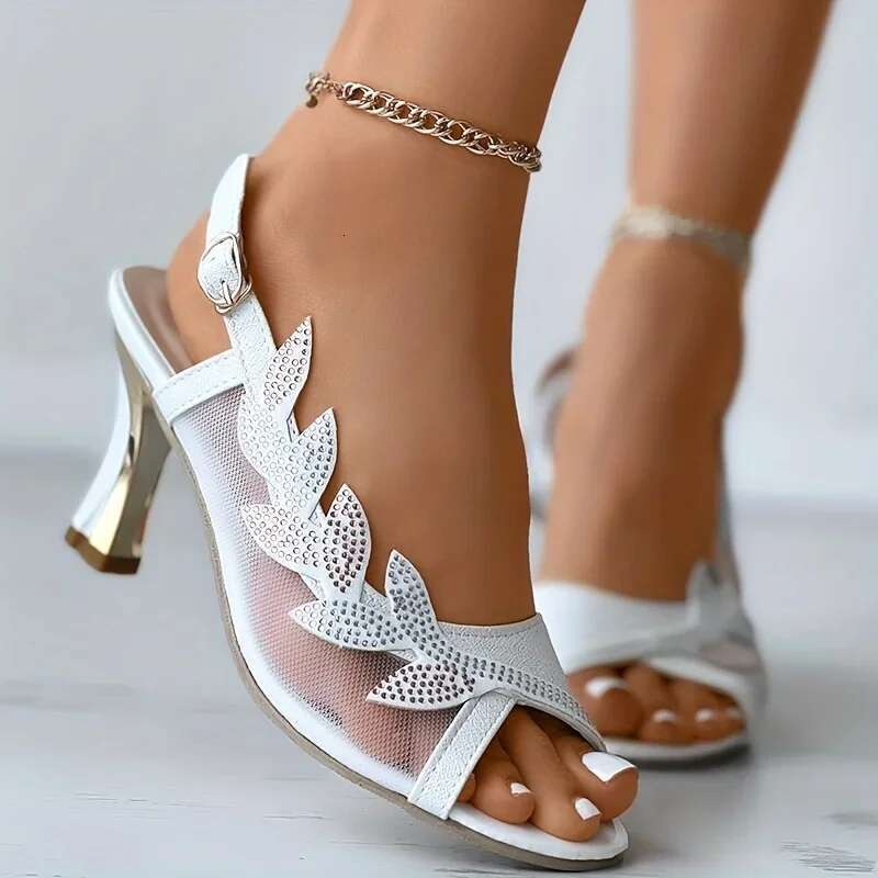Rhies Women's Mesh High Heel Sandals Summer New Fashion Korean Style Peep Toe Buckle Strap Sgback Shoes Sandalias Mujer