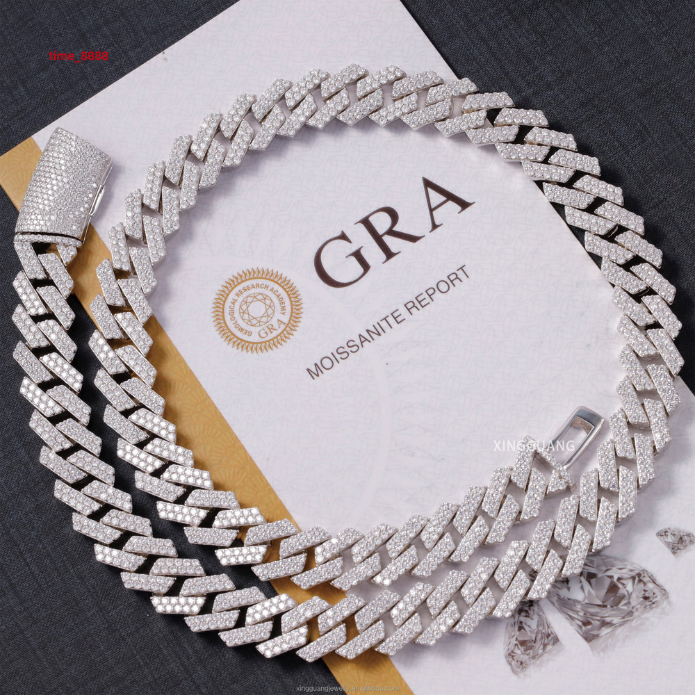 Hip Hop Jewelry 2rows 14mm VVS Moissanite Diamond Cuban Link Chain 925 Silver Moissanite Necklace