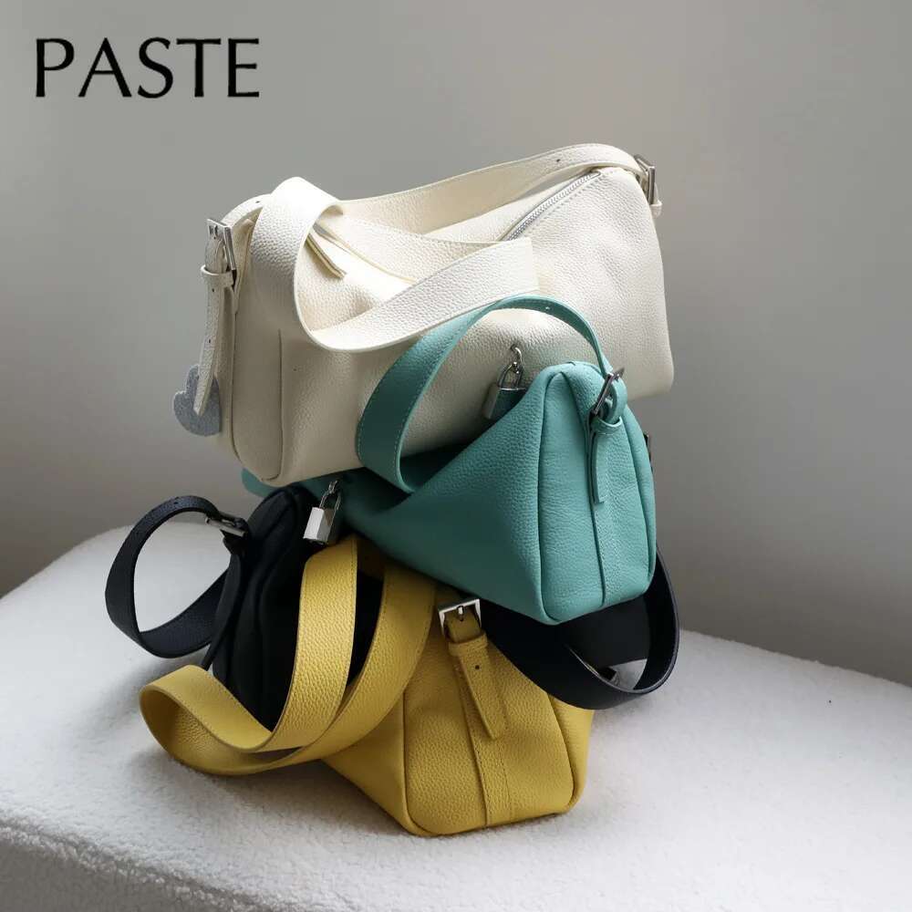 Ins Chic LOCK Design Soft Horizontal Cydrical Shape Pillow 100% Real Leather Women Shoulder Bag Yellow Purse