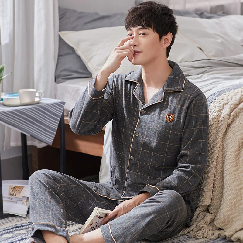 Winter pure cotton sleepwear set mens button down warm sleepwear Hombre pure cotton sleepwear PJ gray plain sleepwear plus size 250321