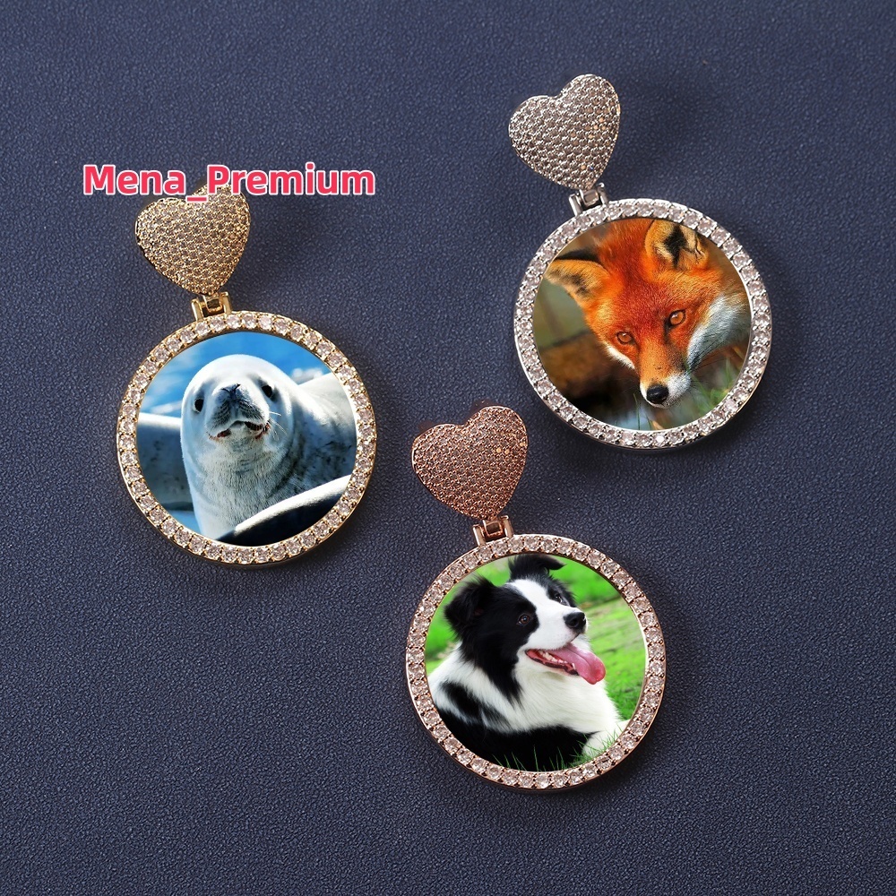 New Creative Heart Hook Circle Photo Pendant Necklace DIY Iced Out Zircon Photo Frame Pendant Men Women Hip Hop Necklace Jewelry