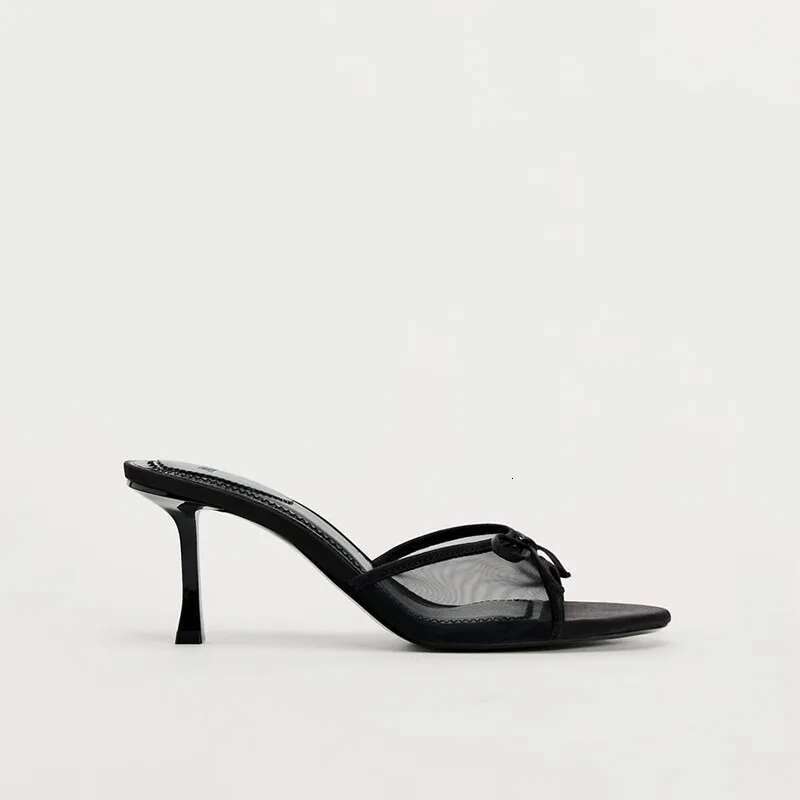 2025 summer new backless breathable designer fashion slippers, mesh fabric bow decoration high heels, women's sandals