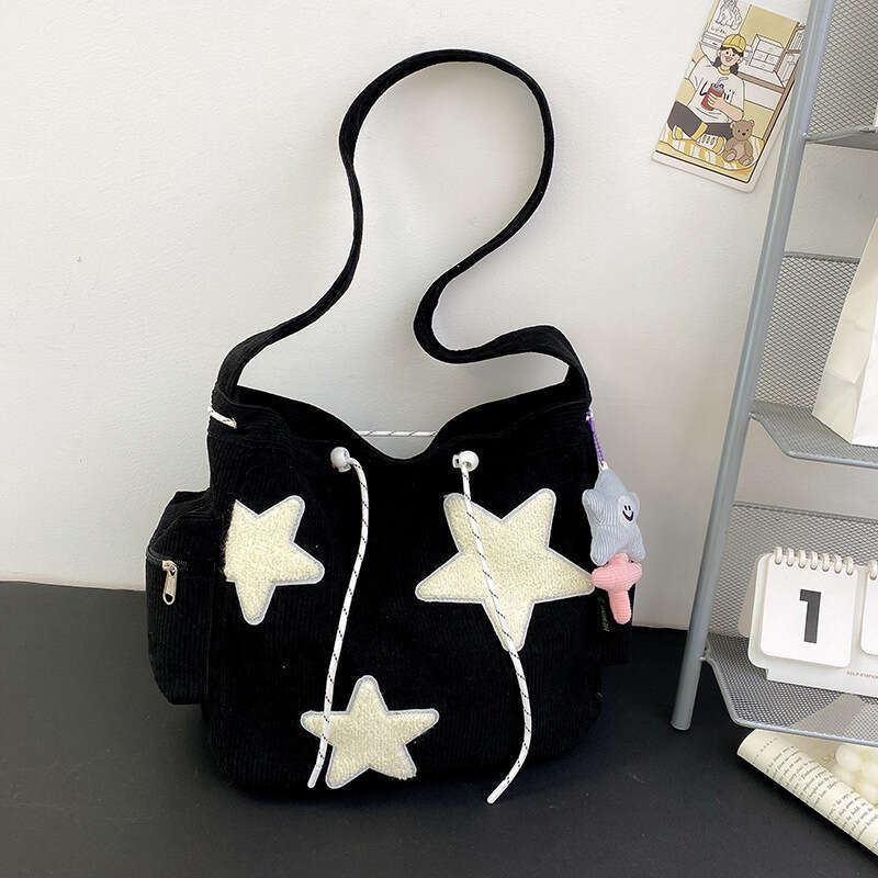 9e Large capacity corduroy for women's one shoulder ins casual five pointed star crossbody cute and versatile student tote bag