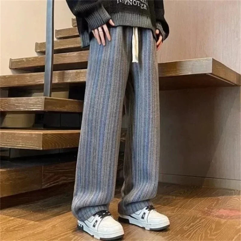 mens striped wool straight leg Trouser classic Y2K retro pocket pants casual street fashion gym sports 250326