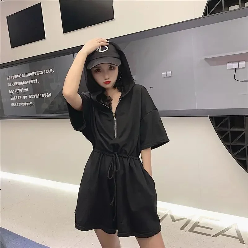 Summer womens sportswear clothes Korean loose hoodie drag and drop student jumpsuit casual wide leg short leg sportswear 250320