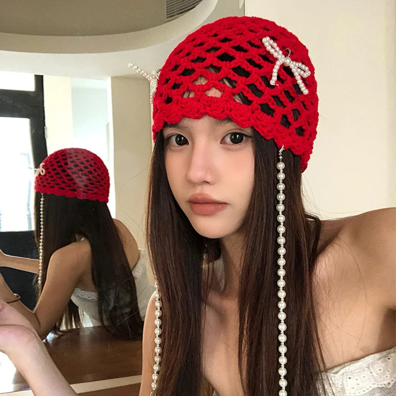 DIY Pearl Bow Pendant Hollow Handmade Knitted Pullover Hat Street Breathable Short Brim Personalized Skull Beanie Cap Korean 250321