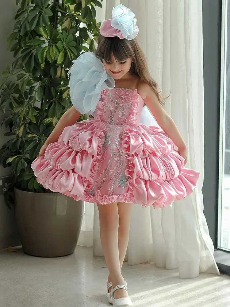 Customized Pink Flower Girl Wedding Dress for Wedding Sleeveless Flooring Cute Length Girl Childrens Birthday Party First Communion Dress W250326
