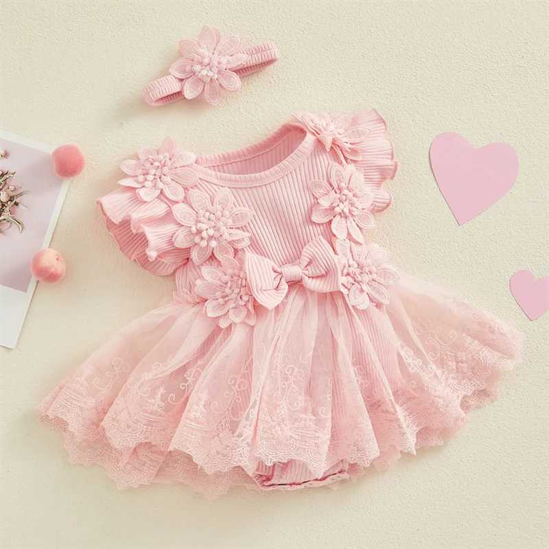 3D floral summer baby girl one-piece princess net newborn clothing lace splicing work ruffled tight fitting clothes headband childrens clothing W25032