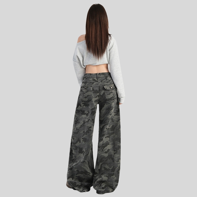 American Spice Girl Camouflage High Waist Wide Leg Casual Pants Women's Spring New High Street Skinny Floor Pants