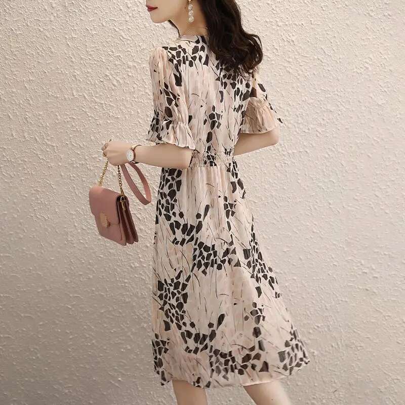 Elegant V-Neck Printed Folds Ruffles Flare Sleeve Party Women's Clothing 2024 Summer New Loose Office Lady ral Dress